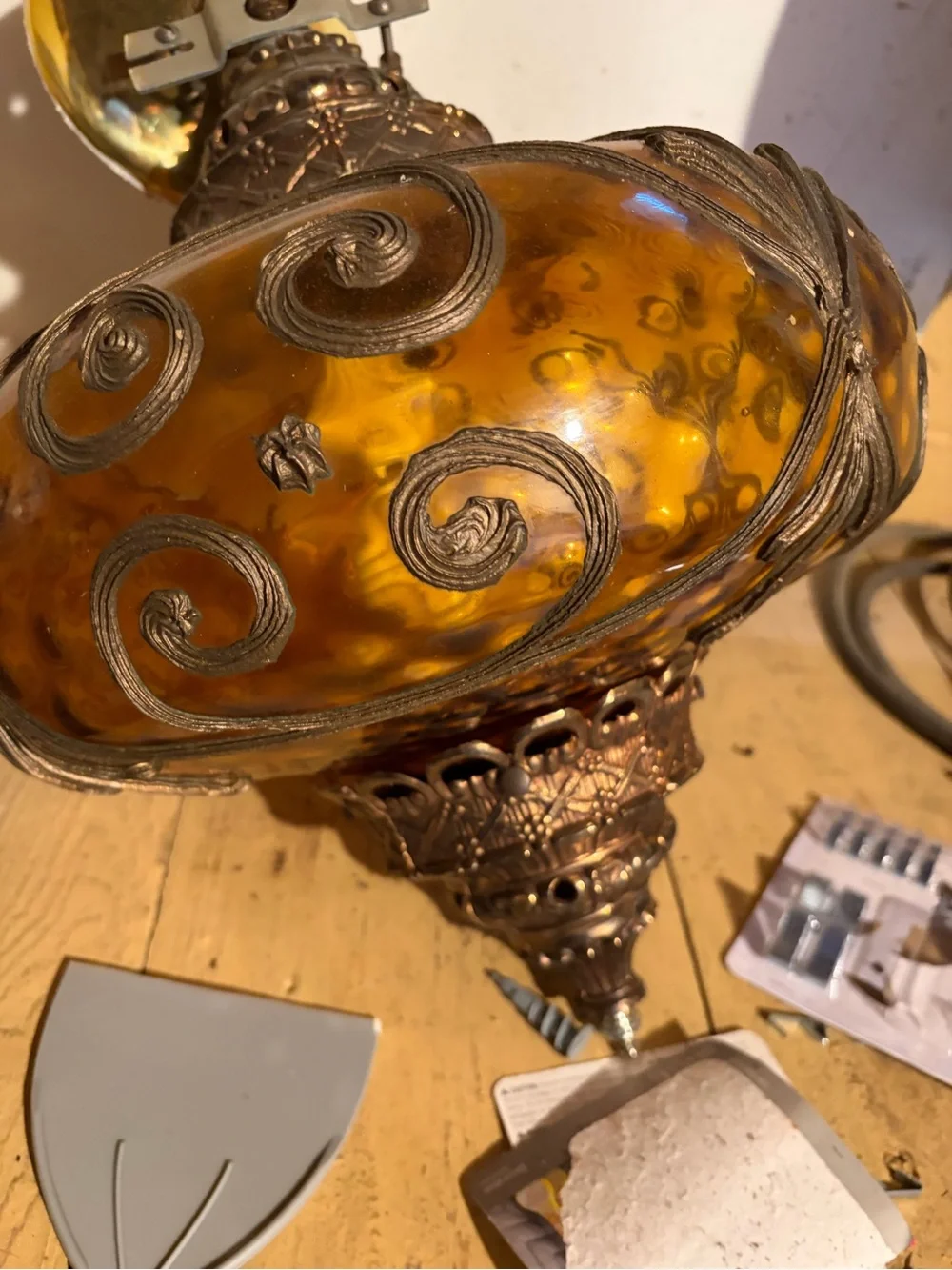 Amber Glass Table Lamp with Ornate Metal Filigree - Amber